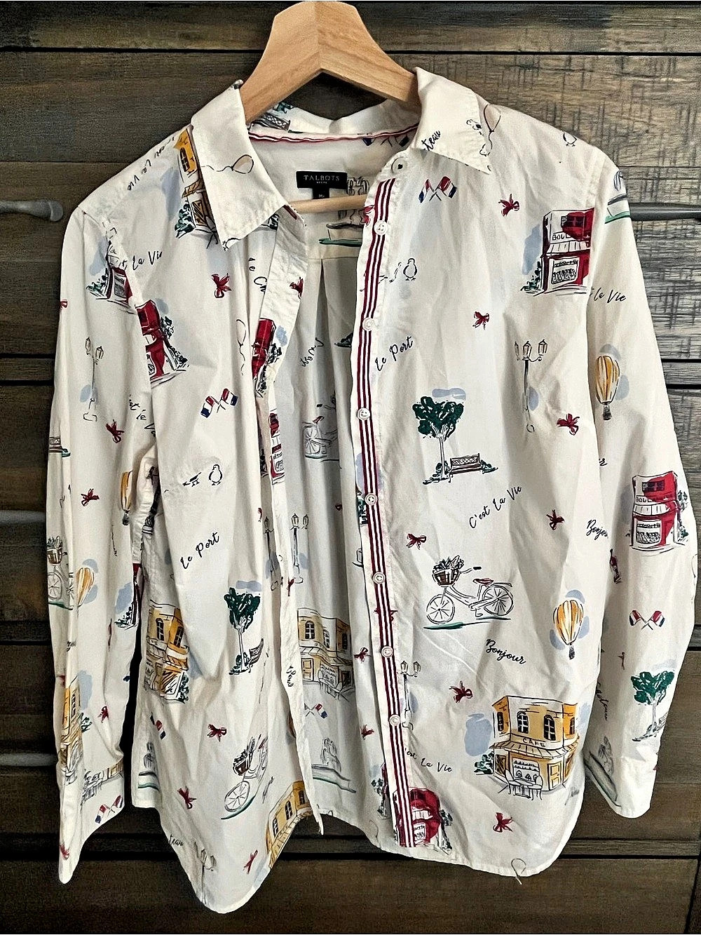 Talbots Paris French Street Print Button Down Shirt Medium